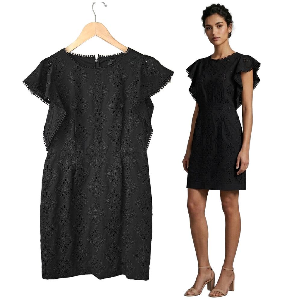 ANN TAYLOR Black Eyelet Mini Sheath Dress Size 4 PomPom Flutter Sleeve